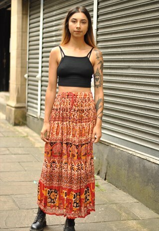 VINTAGE BOHO INDIAN ELEPHANT PRINT MAXI SKIRT