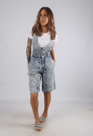 VINTAGE DENIM DUNGAREE SHORTS ACID WASH UK 8 XS (AH2X)