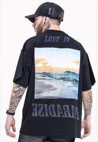 TRENDY LANDSCAPE LETTER REFLECTIVE LOOSE T-SHIRT