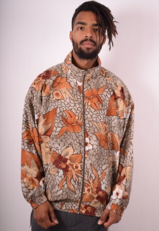 MENS VINTAGE SILK JACKET XXL BROWN FLORAL 90S