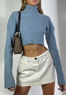Vintage Y2k Polo Neck Ribbed Crop Jumper Sweater Blue