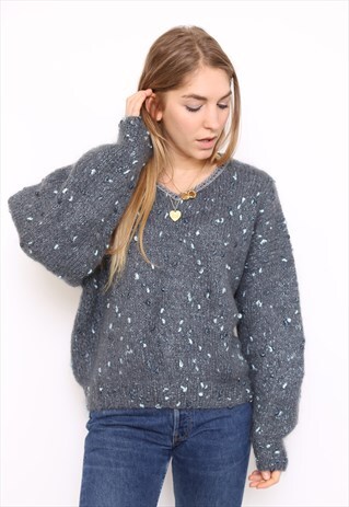 VINTAGE 80S GREY MOHAIR KNIT JUMPER