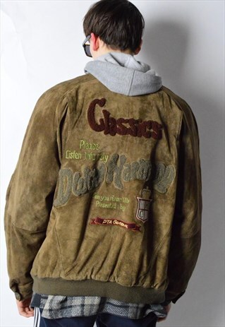 VINTAGE 80S KHAKI PATCH LEATHER BOMBER JACKET