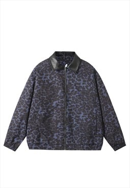 Leopard print bomber jacket in blue college varsity aviator