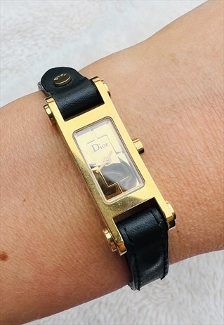 Christian Dior Watch Gold Black Leather Rectangle Vintage