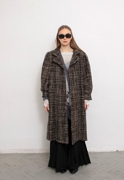 Vintage 80s Long Wool Coat Twill Brown Plaid Overcoat