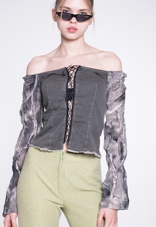 VINTAGE GREY LONG SLEEVE RETRO BLOUSE