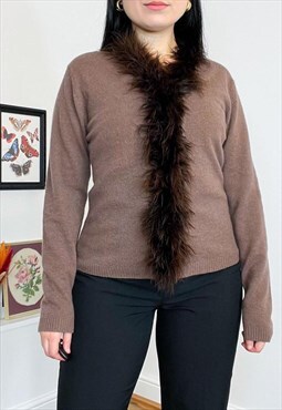 Vintage 90s brown knit cardigan with marabou trim
