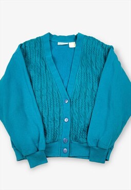 Vintage Cable Knit Cardigan Sweatshirt Teal Blue XL BV17950