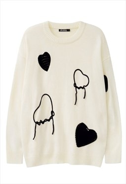 Heart sweater knitted fleece patch distressed top cream