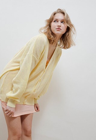 Vintage 80s Preppy Yellow V Neck Knit Cardigan Women M