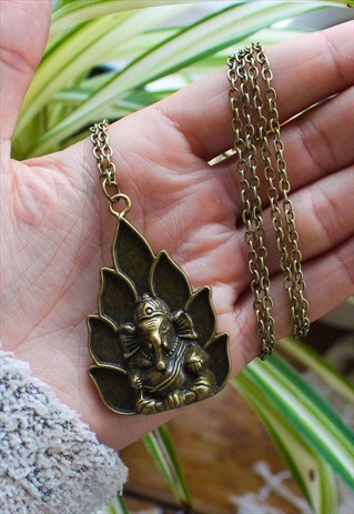 ANTIQUE GOLD GANESH ELEPHANT LOTUS NECKLACE
