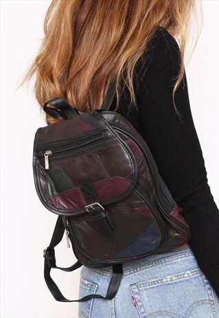 VINTAGE 90S MULTICOLOURED LEATHER PATCHWORK RUCKSACK BACKPA