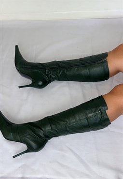 Khaki Green Leather Vintage Knee High Boots