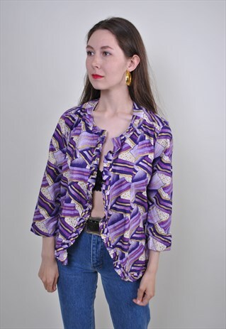 80S ABSTRACT PRINT PURPLE BLOUSE, VINTAGE PARTY BRIGHT SHIRT