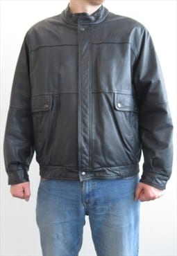 90s Black Leather Bomber Jacket Mens 