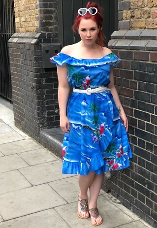 BLUE HAWAII- 80S TROPICAL BARDOT DRESS