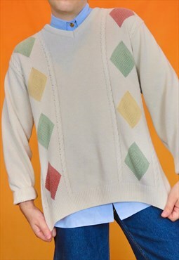 Vintage Argyle Geometric Chunky Knit V-Neck Grandad Jumper