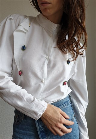 VINTAGE BLOUSE WITH ROSES AND PUFF SLEEVES - S/M