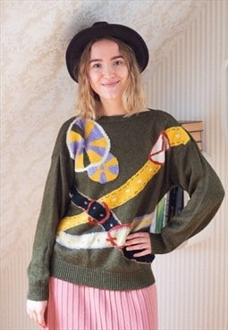 Khaki green patterned knitted jumper