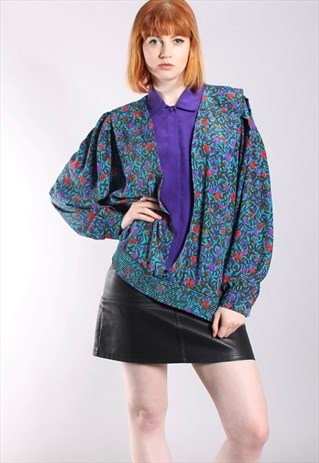 VINTAGE 80S ABSTRACT FLORAL LAYERED BLOUSE TOP