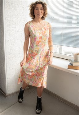 Vintage 80's Multicolour Floral Print Midi Sleeveless Dress
