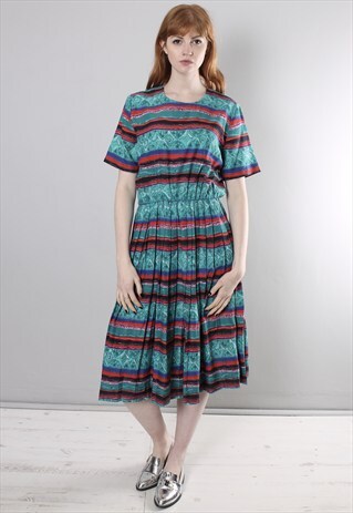 VINTAGE 80S STRIPED MIDI PLEAT SUMMER FESTIVAL DRESS
