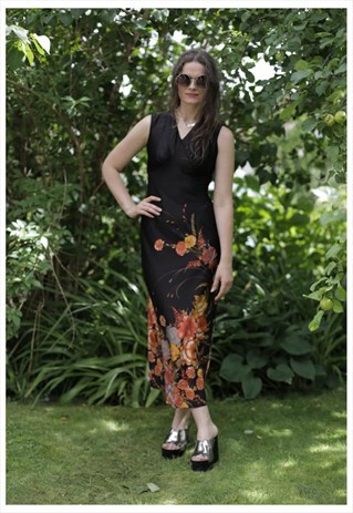 VINTAGE 90'S BLACK FLOWER PRINT SLEEVELESS DRESS