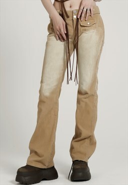 Flap with belt pocket flare jeans corduroy pants in brown
