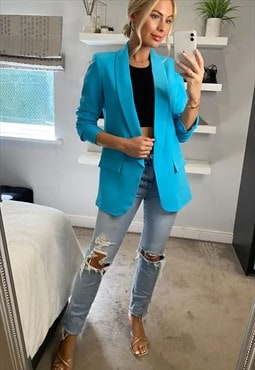 justyouroutfit Turquoise Ruched Sleeve Blazer 