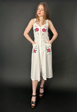 70's Vintage White Cotton Embroidery Slip Folk Hippy Dress