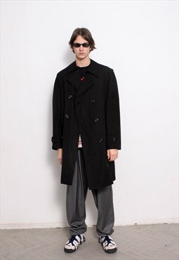 Vintage 90s Trench Coat Cotton Black Solid Straight Cut