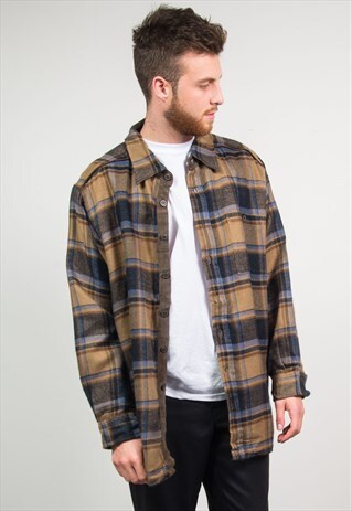 VINTAGE FLANNEL SHIRT WARM LINED BROWN CHECK