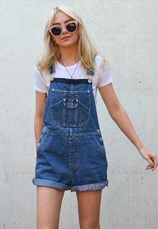 VINTAGE 90S B.U.M. LOGO DARK BLUE DENIM SHORT DUNGAREES
