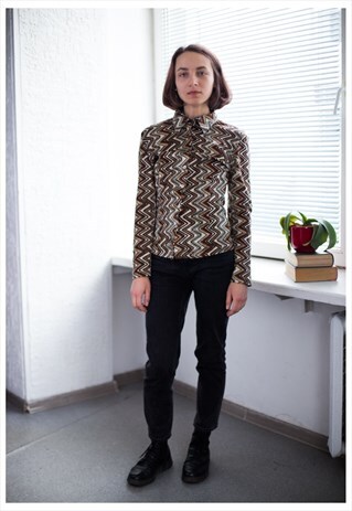 VINTAGE 70'S BROWN VELVET GEOMETRIC PRINT SHIRT
