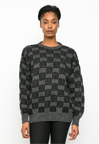VINTAGE 90'S GREY BLACK ABSTRACT KNITTED JUMPER