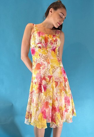 VINTAGE 1980S YELLOW FLORAL ABSTRACT DRESS WATERFALL SKIRT