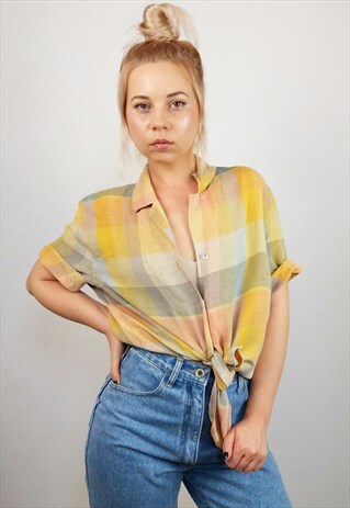 VINTAGE 90'S OVERSIZED BOXY LINEN SHIRT PASTELS PLAID