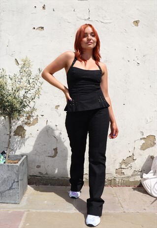 KAREN MILLEN Y2K BLACK STUD CORSET & FLARE BOOTLEG CO-ORD