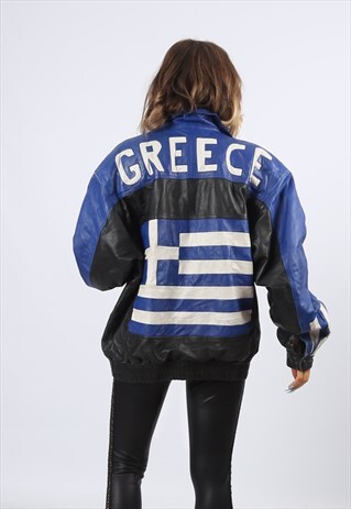 LEATHER BOMBER JACKET GREECE UK 16 (H3E)