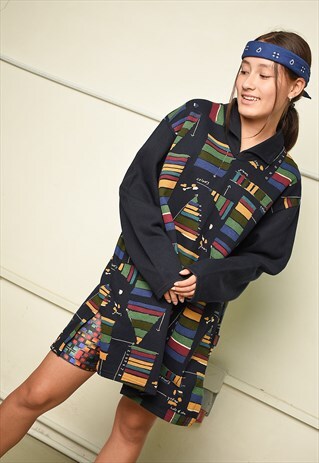 90S COLOUR BLOCK KNIT JUMPER DRESS SWEATSHIRT IN NAVY BLUE