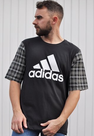 90'S GRUNGE ADIDAS REWORK T WITH VINTAGE CHECK SHIRT SLEEVES