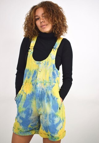 VINTAGE 90S YELLOW BLUE TIE DYE DUNGAREE SHORTS