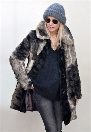 PREMIUM VINTAGE LONG & CARAMEL BLACK FAUX FUR COAT