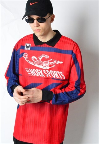 VINTAGE RED NAVY BLUE FOOTBALL GOALIE SPORTS JERSEY SHIRT