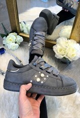 Grey Faux Suede Chunky Faux Pearl Trainers