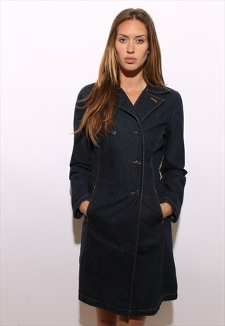 VINTAGE 1990'S 90'S DARK WASH BLUE DENIM TRENCH COAT M-L