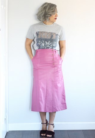 VINTAGE 1990S PINK HIGH WAISTED LEATHER MIDI SKIRT