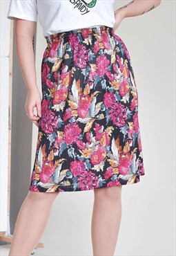 Vintage 80s High Waist Midi Pleated Floral Multi Color Skirt