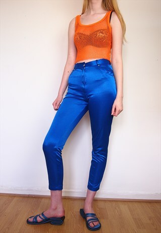 VINTAGE HIGH WAISTED SHINY DISCO BLUE TROUSERS